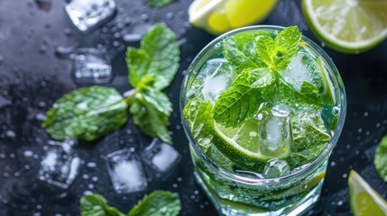 Classic mojito with mint leaves, lime slices, and ice in a clear glass, showcasing a popular refreshing drink