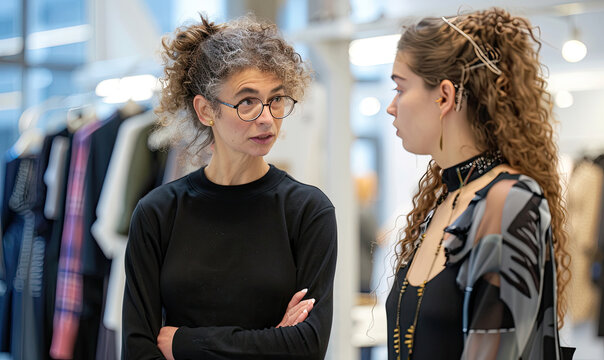 Experienced fashion designer discussing with young intern
