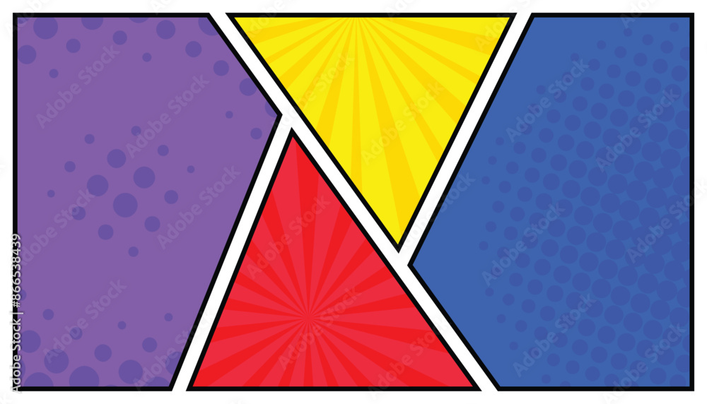 Poster empty comic book template background design, abstract comic page background with halftone and rays