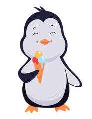 Cute penguin stands with ice cream and eating. Funny drawn character in cartoon style. Adorable wild animal. Vector illustration