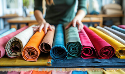 Fashion designer choosing colorful fabrics for new dress collection