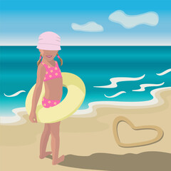 Child on the beach. Girl on the beach vector illustration. Baby swimming in the sea