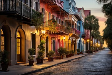 Rainbow Row in Charleston Colorful historical houses in the afternoon., generative IA