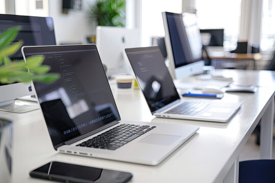 Open laptops displaying code sitting on white desk in busy office