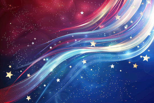 Red white and blue abstract wavy lines background with stars for 4th of july or memorial day