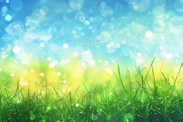 Obraz premium Abstract landscape with green grass and a blue sky, Spring or summer abstract nature background with grass and bokeh lights. Blue sky in the back 