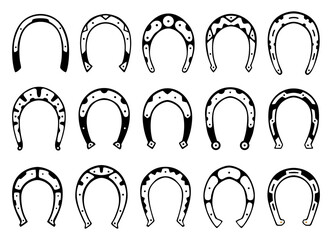 Horseshoes icon set. Decorative design element silhouette, shoes for horses. Vector illustration on white background