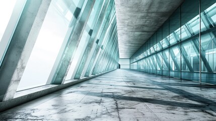 Abstract futuristic glass interior architecture with empty concrete floor.