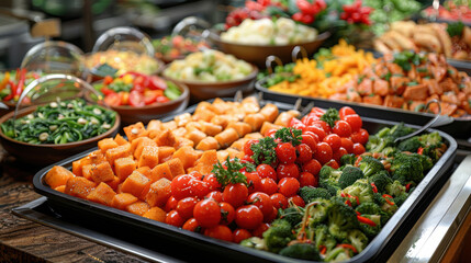 A variety of roasted vegetables are on display at a buffet, including sweet potatoes, cherry tomatoes, and broccoli. 
