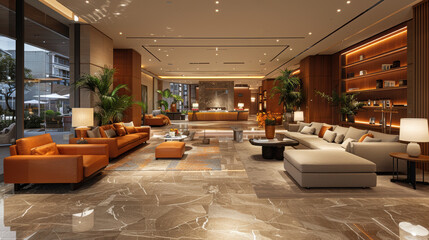 The hotel lobby is decorated with marble floors, wood paneling, and elegant furniture.