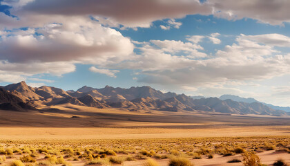 Fototapeta premium Vast desert for background, mountain landscape with cloudy sky, Generative AI.