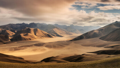 Naklejka premium Vast desert for background, mountain landscape with cloudy sky, Generative AI.
