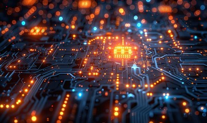 Fototapeta premium An intricate network of glowing circuits forms a technology pattern, symbolizing innovation and connectivity.