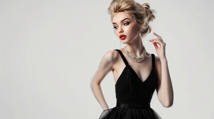 Fototapeta premium Elegant Blonde Woman in Black with Luxurious Jewelry