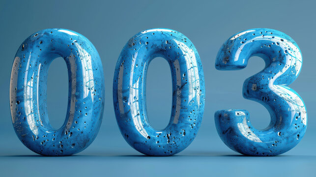 3D rendering of blue numbers 003 with a rough texture.