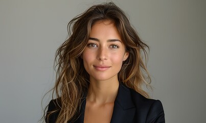 Naklejka premium Professional woman in navy blazer against neutral background