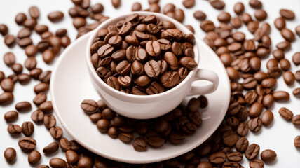 Obraz premium Close-Up of Coffee Beans in a White Cup and Saucer Surrounded by Scattered Coffee Beans - Aromatic and Rich Coffee Concept