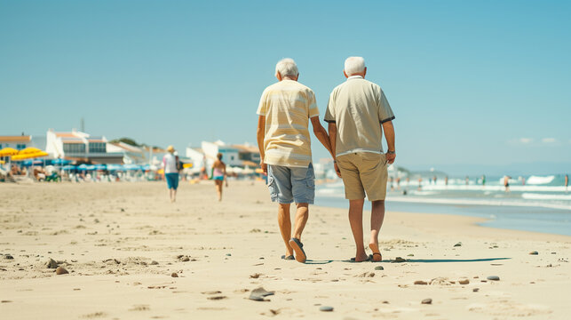 Copy space, stockphoto, elderly gay couple walking at the beach front during summer time, some other people are walking. lgbtqia+ theme, lgbtq, outdoors. Acceptance, Disability awareness theme - Powered by Adobe