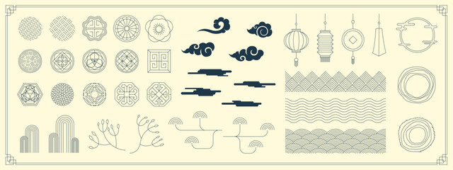 Chinese traditional banner decoration element set. Korean and Japanese decorative pattern and lantern. Asian moon flower and cloud. Oriental folk linear ornament sun shape collection concept for decor