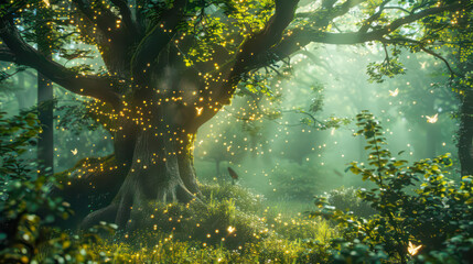 A fairy tale forest with magical creatures and luminous trees. 