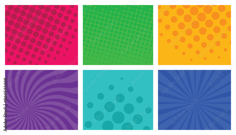 Poster comic book background page template of colorful frames with rays, radial, halftone and dotted effect
