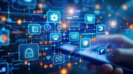A digital interface with various icons representing technology and data security, with a hand using a smartphone, symbolizing mobile connectivity, cybersecurity, and digital transformation. 