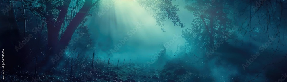 Poster mysterious forest scene with glowing light beaming through trees, creating an ethereal and mystical 