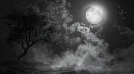 Mystical night scene with full moon, clouds, and silhouetted tree, creating an eerie atmosphere in grayscale.