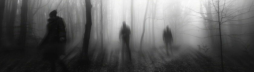 Eerie black and white photo of silhouettes walking through a foggy forest, evoking a sense of mystery and suspense.