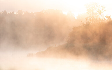 A beautiful misty summer morning at the banks of the river. Natural landscape of rural Latvia.