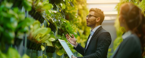 Businessman Presenting Vertical Farming Model to Investors at Agricultural Startup Meeting