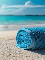Close up of a rolled blue Towel on sandy Beach. Beautiful Summer Wallpaper
