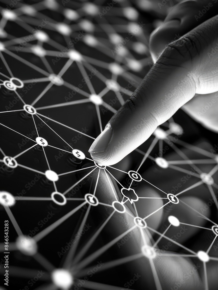 Aufkleber a hand is pointing at a network of dots on a screen