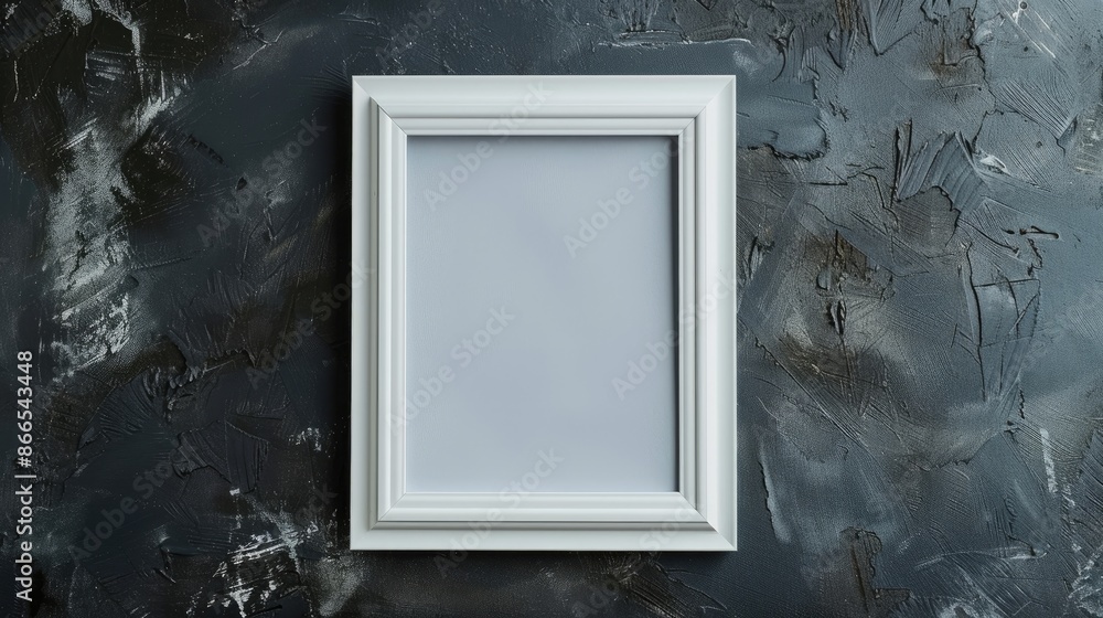 Poster white photo frame mockup on dark gray background with bokeh top view with copy space
