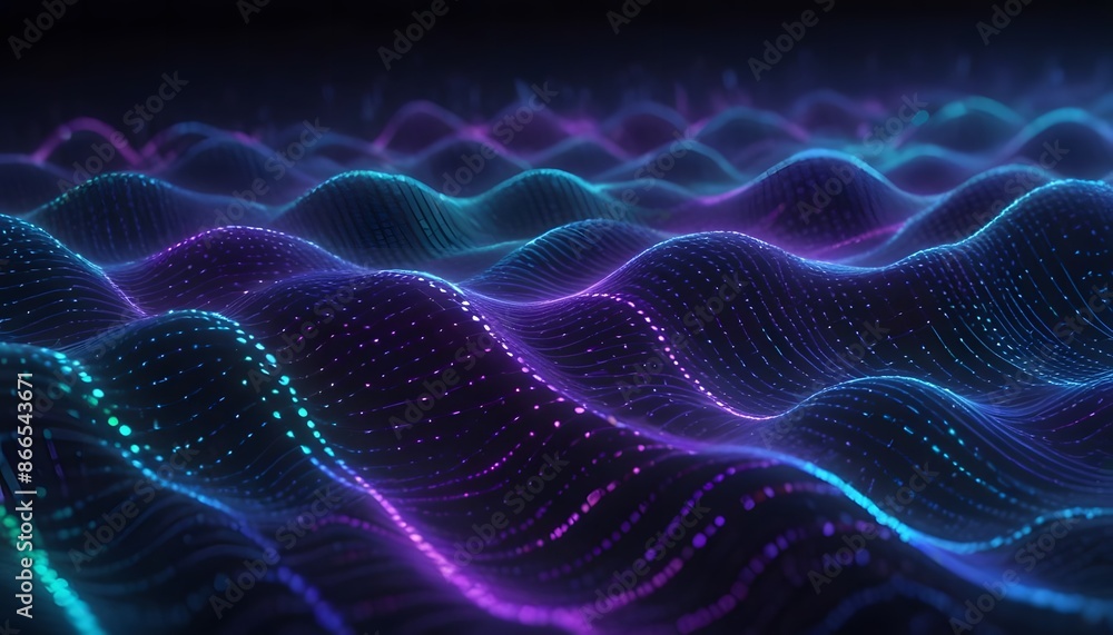 Poster futuristic dots pattern on dark background. colored music wave. big data. technology or science bann