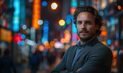 A young professional man stands confidently with colorful city lights in the background, symbolizing ambition and urban vibrancy.