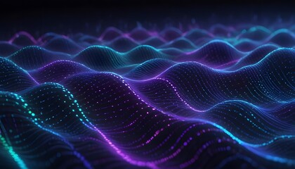 Futuristic dots pattern on dark background. Colored music wave. Big data. Technology or Science Banner. 3D rendering