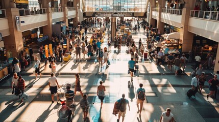 Busy airport terminal with people walking and shopping. Interior architecture and travel concept.