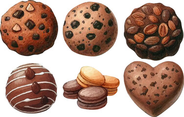 set with a variety of cookies, gingerbread in a watercolor style. Various sweets
