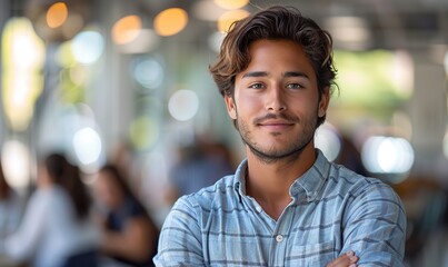 Portrait of a young professional against a tech office backdrop, conveying a sense of modern work environment and professionalism.
