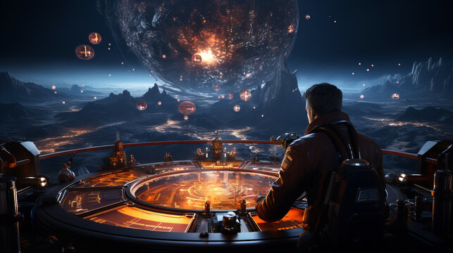 A futuristic scene of a human overseeing a holographic display in a high-tech command center, with a massive planet and various celestial bodies in the background.
