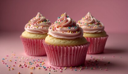 Three decorated cupcakes with pink frosting and sprinkles.