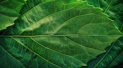 Fototapeta premium Detailed shot of green leaf texture, highlighting the fine veins and lush surface, perfect for a natural and organic background
