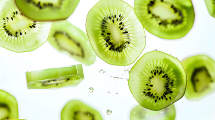 Kiwi fruits fly isolated on white background. Fresh Green Kiwi Slices Falling and Floating in Mid-Air. Perfect for Healthy Food, Fruit, and Juice Concepts.