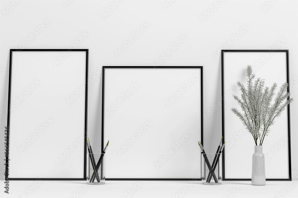 Sticker A mockup template featuring three large, blank A4 frames elegantly arranged against a pristine white background