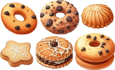 set with a variety of cookies, gingerbread in a watercolor style. Various sweets
