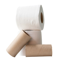 Front view of white tissue paper rolls with cores in stack isolated with clipping path in png file format