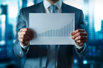Impact of increasing wages and production costs, causes layoffs and business closures, man holding a white paper with a rising bar chart or financial data