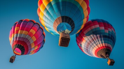 Hot air balloon rising, group up perspective, colorful, movement.