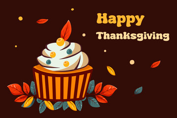 Hand drawn illustration of Thanksgiving with a cupcake